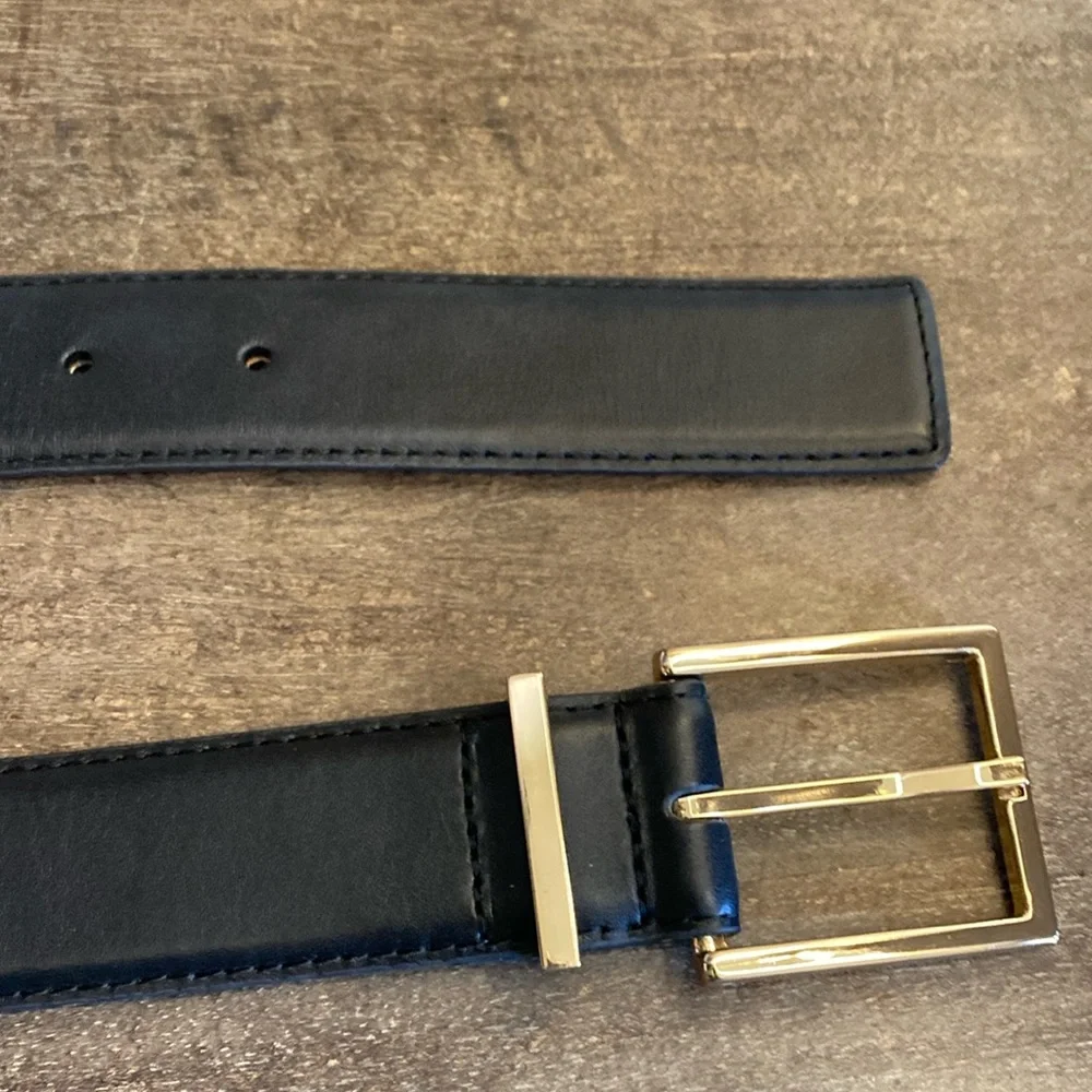 Halogen Men's Black Leather Belt Gold Tone Buckle Size Large Trouser Fit Classic